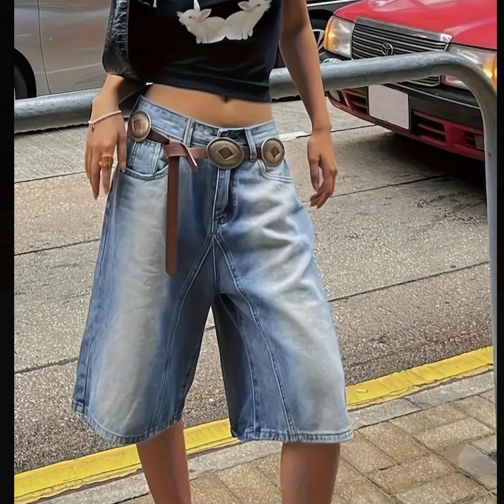 Womens Color Block Denim Jorts - Low Rise Wide Leg, Knee Length Shorts - Picture 3 of 6
